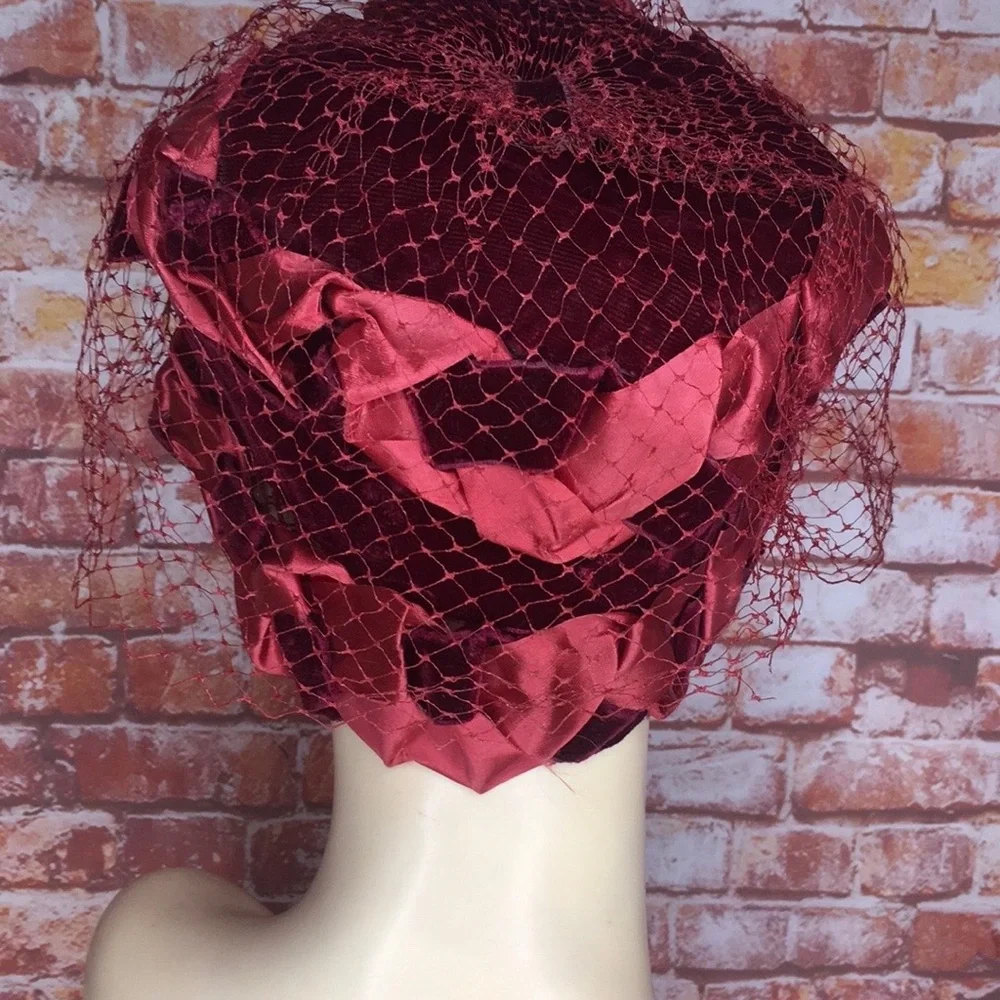Vintage MCM Burgundy Red Satin and Velvet Veiled Bucket Hat
